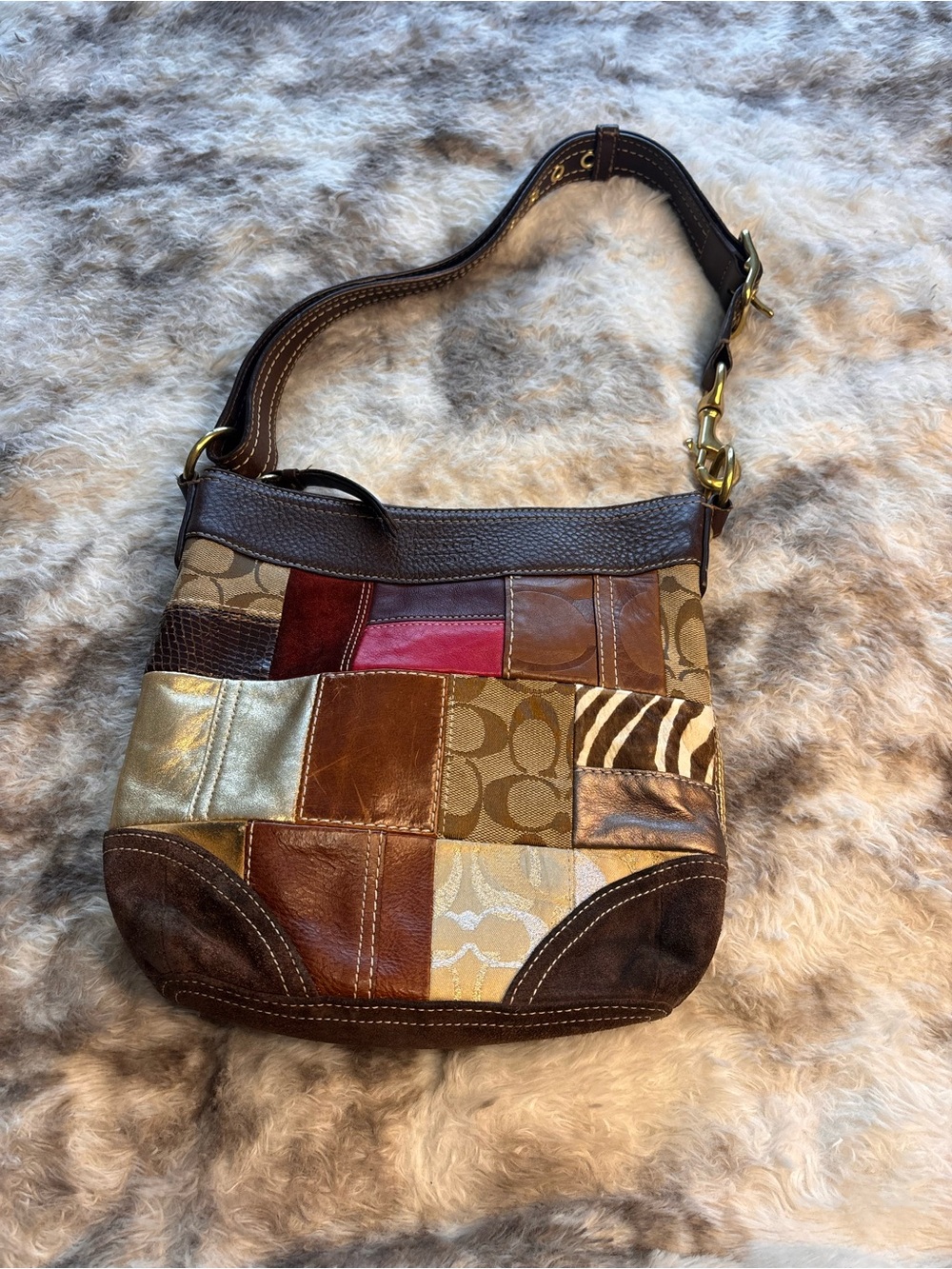 Vintage Y2K Coach Patchwork Shoulder Bag - Brown, Tan, Gold, Red